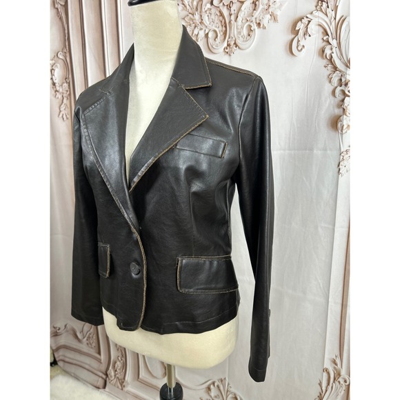 RVT Vintage Clothing Blazer Women's Jacket Brown Faux Leather Button Up Career - Picture 4 of 8